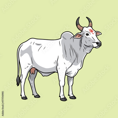 Holy White Indian Cow with Religious Symbol on Forehead Vector Illustration