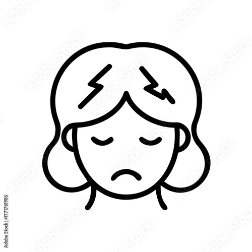 Line icon of a woman with a headache/migraine, showing distress and pain with lightning bolt symbols above her head. Use for health, medical, wellness, and stress-related sites/blogs.