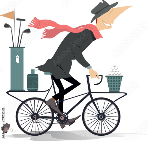 Rainy and windy day. Golfer man in warm cloth rides to play golf on the bicycle. White background