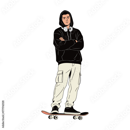 Young Man on Skateboard Wearing Hoodie and Headphones Urban Style Vector Illustration