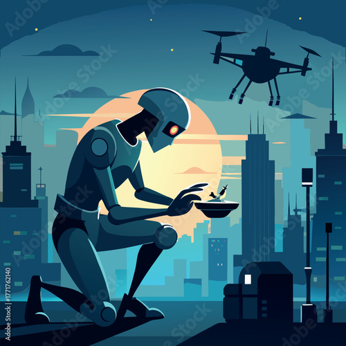 Silhouette of a humanoid robot repairing a flying drone under city lights
