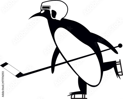 Winter sport. Cartoon penguin an ice hockey player. 