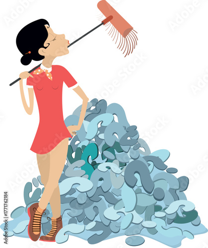 No more questions. Concept illustration.
Young woman with a broom near a pile of question signs
