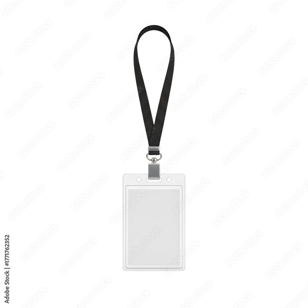 Fototapeta premium Blank white id card badge hanging on black lanyard