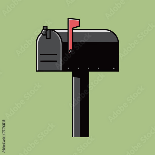 Black Rural Mailbox with Red Flag Vector Illustration