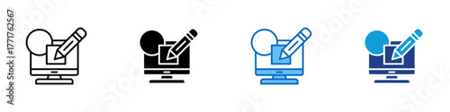 Digital Editing Multiple Style Icon Design Vector - Computer screen with pencil symbolizing online drawing or digital editing process
