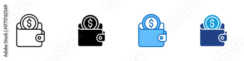 Digital Wallet Multiple Style Icon Design Vector - Wallet filled with coins, representing online transactions and electronic money storage