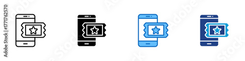 E Ticket Multiple Style Icon Design Vector - Smartphone with a ticket and star symbol, representing electronic tickets or event passes