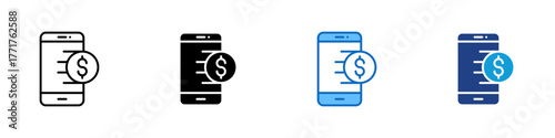 Mobile Payment Multiple Style Icon Design Vector - Smartphone displaying a dollar symbol representing digital payment or online transaction