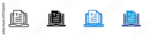 Online Document Multiple Style Icon Design Vector - Laptop screen displaying a text document, representing digital files or online paperwork