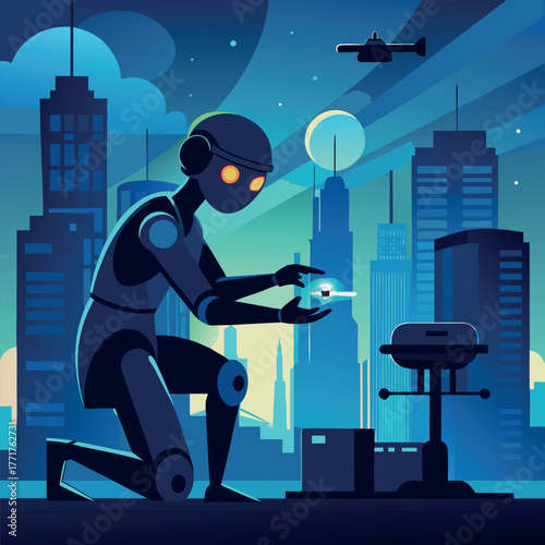 Silhouette of a humanoid robot repairing a flying drone under city lights