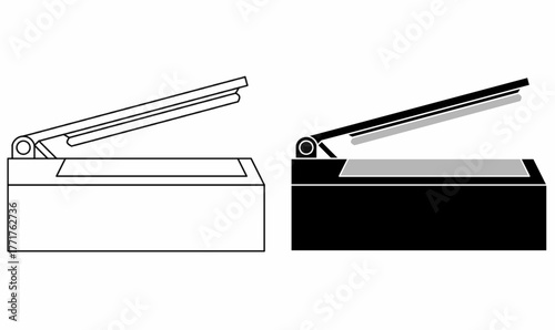 silhouette,outline heat sealer icon set.machine for seal products, packaging, plastic,thermoplastic, bag.isolated white background.