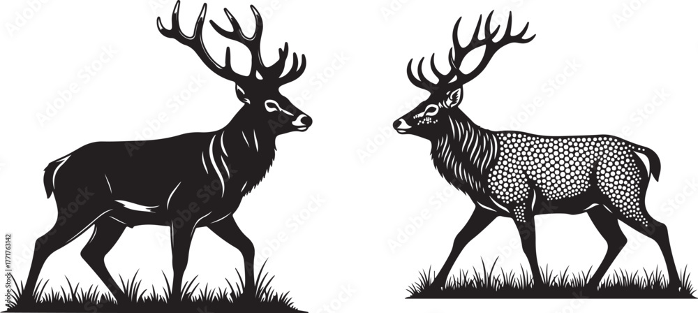 Naklejka premium Detailed engraving style illustration of a majestic stag gracefully walking through a lush grassy field at dawn