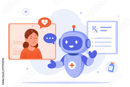 AI medical assistant or chatbot doctor providing online telemedicine consultation to a female patient via a tablet, with a digital prescription. Healthcare technology illustration concept