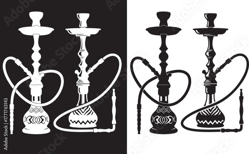 Classic black silhouette of a traditional shisha pipe isolated on a clean white background for design