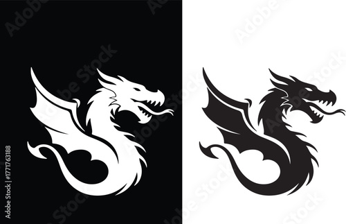 Fierce black dragon silhouette with wings spread and tongue out perfect for banners and advertisements