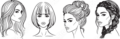 Collection of four hand drawn sketch portraits of diverse women with varied hairstyles