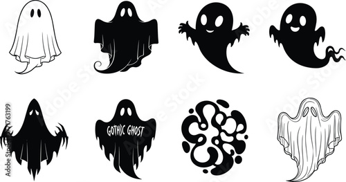 Ghost silhouette vector illustration, spooky Halloween artwork, haunted spirit design, scary phantom graphic, gothic horror decoration, cad drawing flat vector illustration