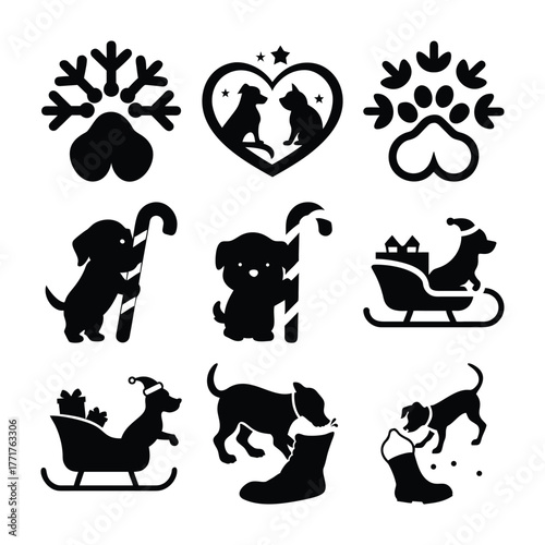 Collection of festive dog themed christmas icons and silhouettes