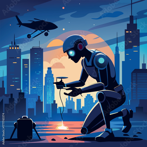 Silhouette of a humanoid robot repairing a flying drone under city lights