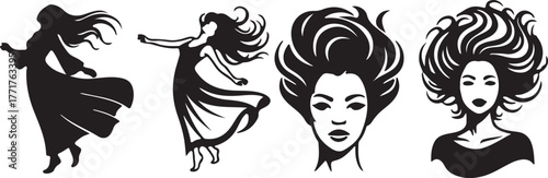 Set of four elegant pink feminine logos featuring stylized dancing women and classic portrait illustrations