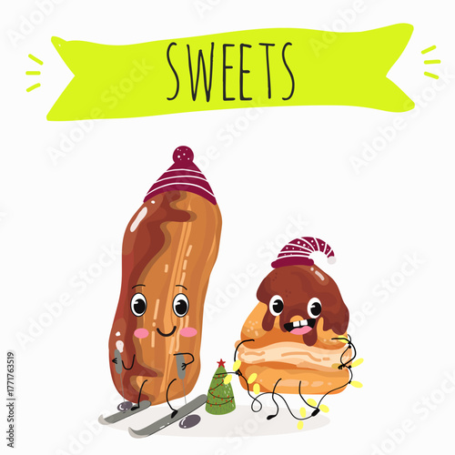 Tasty ice creams, ice-cream cones and popsicle, funny characters, hand drawn vector illustration.