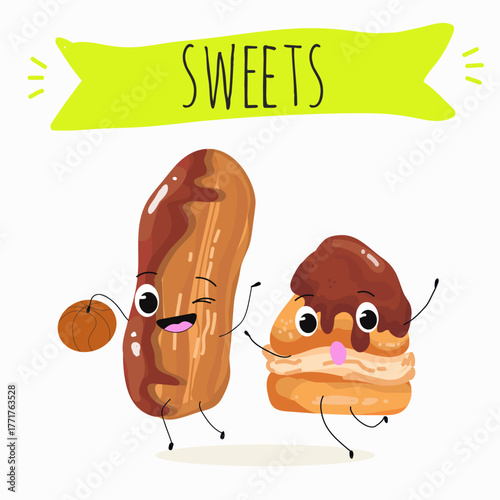 Tasty ice creams, ice-cream cones and popsicle, funny characters, hand drawn vector illustration.