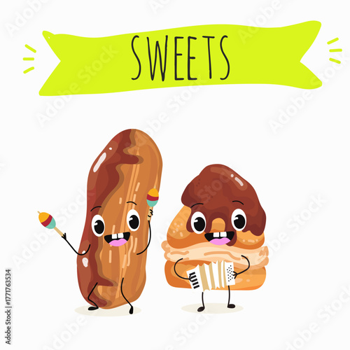 Tasty ice creams, ice-cream cones and popsicle, funny characters, hand drawn vector illustration.