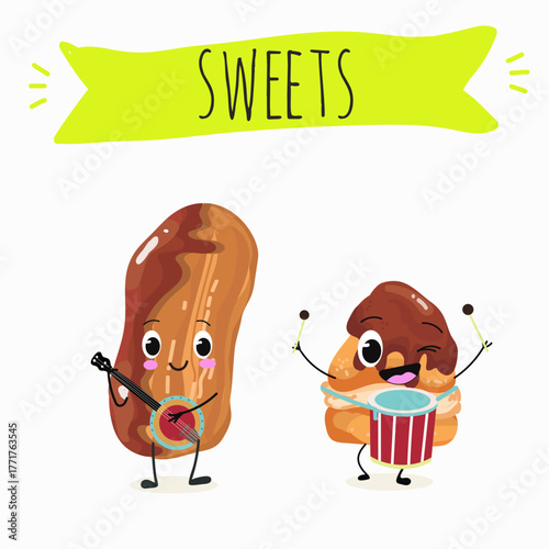 Tasty ice creams, ice-cream cones and popsicle, funny characters, hand drawn vector illustration.