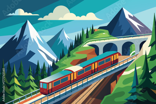 Red Train on Viaduct in Scenic Mountain Forest