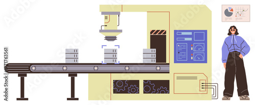 Conveyor belt system with robotic arm, stacked packages, control panel, and employee overseeing process. Ideal for manufacturing, automation, efficiency, industry, data analysis robotics