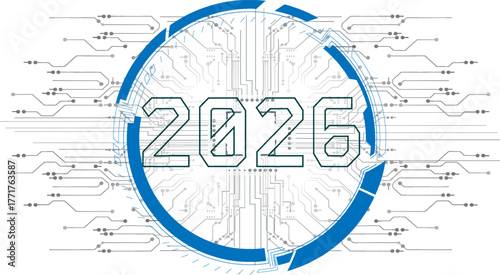 Digital design concept for the year 2026 with circuit patterns and futuristic elements