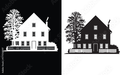 Classic two story house silhouette with a large tree and white picket fence design