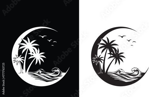 Circular silhouette of a tropical beach scene with palm trees and ocean waves