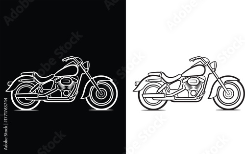 Classic american cruiser motorcycle outline drawing in black and white on a clean background