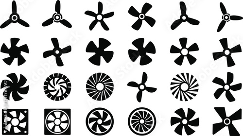 Fan icon set, propeller silhouettes, turbine blade designs, ventilation symbols, mechanical rotation graphics, black vector elements, cooling system illustration, abstract shapes