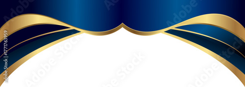 Luxury navy blue and gold foil corner border with elegant metallic satin flow arc, smooth gradient arc and ribbon trim, perfect for premium packaging, invitations, labels and graphic templates.