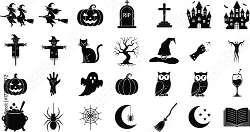 Halloween silhouettes, spooky icons, haunted castle, witch, ghost, pumpkin, tombstone, spider, tree, cat, cauldron, moon, eerie elements, vector clipart