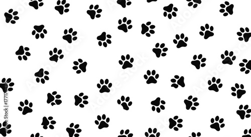 Paw print pattern, animal tracks, pet footprints, black silhouette design, nature texture, cute vector background, wildlife trail, seamless illustration, graphic