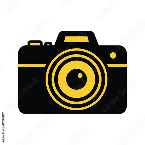 A simple black and yellow illustration of a vintage camera