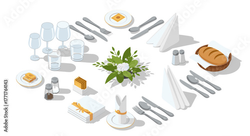 Elegant dining table setting with floral centerpiece in isometric style