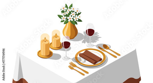 Elegant dinner table setting with candles and floral arrangement in isometric style