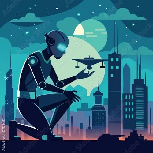 Silhouette of a humanoid robot repairing a flying drone under city lights