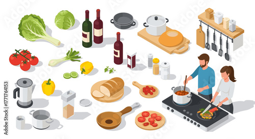 Isometric kitchen cooking scene with ingredients and utensils