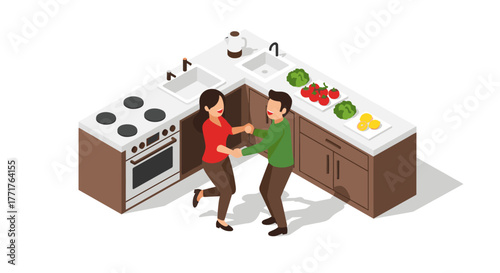 Couple dancing playfully in modern kitchen interior with fresh vegetables