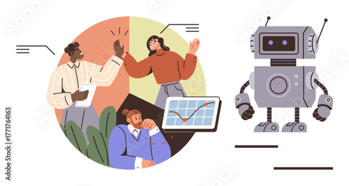 Team celebrating success with a high-five near a progress chart while a robot observes. Ideal for innovation, collaboration, business growth, workplace diversity, AI integration, teamwork, creative