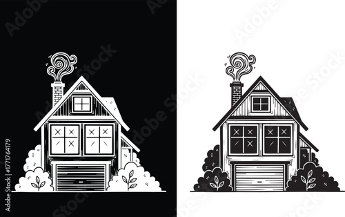 Rustic hand drawn black and white illustration of a cozy house with smoke gently rising from its chimney