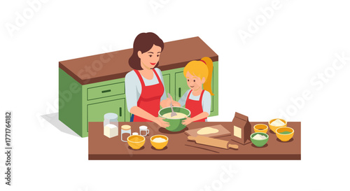 Mother and daughter baking together in modern kitchen