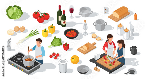 Isometric kitchen cooking scene with people preparing food and ingredients