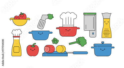 Charming cartoon kitchen utensils and food with smiling faces in doodle style